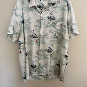 Bubba Gump Casual Shirt‎ Mens XL White Blue Tropical Sailboat Aloha Button Up